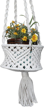 Handmade Macrame Cotton Plant Hanger, from Uttar Pradesh, India | Boho Hanging Planter | Indoor Outdoor Plant Holder | Décor Accent for Home, Balcony, Living Room | 33x8 in (Off White)