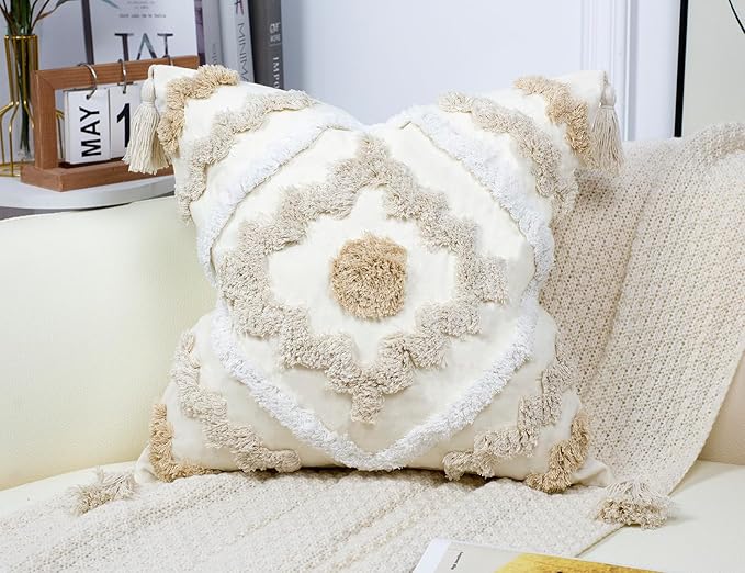 Decorative Farmhouse Throw Pillow Covers 20 x 20,Modern Neutral Couch Pillow Cover,Cotton Checked Pattern Boho Square Pillow Case Cover for Couch Bed Sofa Bedroom,Khaki&Beige&White