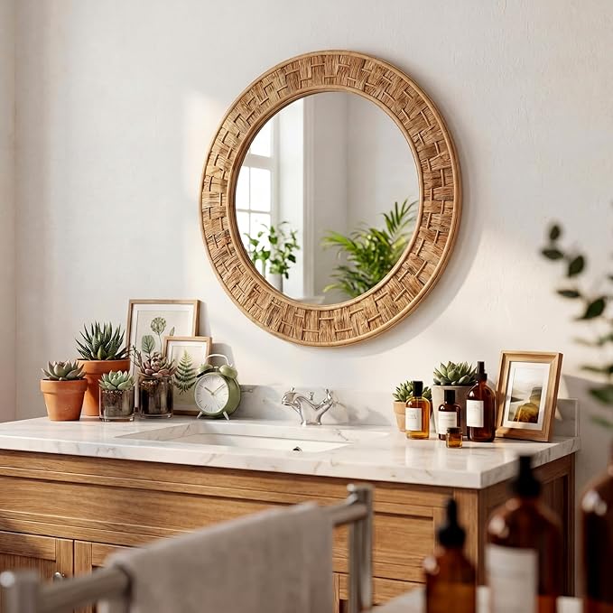 24 Inch Round Rattan Wicker Mirror, Rustic Boho & Farmhouse Style Handmade Woven Frame, Decorative Wall Mirror for Bathroom, Living Room, Bedroom, Entryway, Nursery Decor