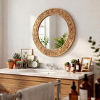 24 Inch Round Rattan Wicker Mirror, Rustic Boho & Farmhouse Style Handmade Woven Frame, Decorative Wall Mirror for Bathroom, Living Room, Bedroom, Entryway, Nursery Decor