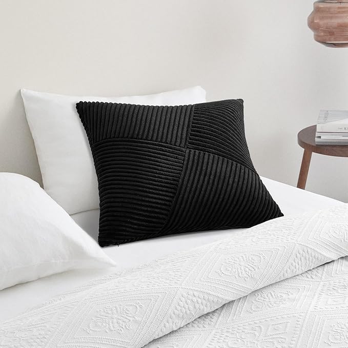 Topfinel Black Set of 2 Decorative Throw Pillow Covers 18x18 Inch for Couch Sofa Bed Pillowcases, Farmhouse Boho Rustic Home Decor,Soft Corduroy Windmill Textured Striped Patchwork Cushion Cases