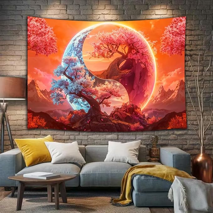 JAWO Tree Life Tapestry Aesthetic, Colorful Pink Flowers Sun and Moon Anime Tapestry for Bedroom, Cool Nature Galaxy Yin Yang Anime Tapestries Poster of Dorm Home Decor 71X60 Inches, Orange