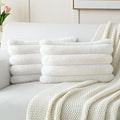 FUTEI Cream White Decorative Throw Pillow Covers 12x20 Inch Set of 2, Square Soft Faux Rabbit Fur Thick Striped Lumbar Pillow Case,Spring Home Decor for Couch Bed Living Room