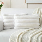 FUTEI Cream White Decorative Throw Pillow Covers 12x20 Inch Set of 2, Square Soft Faux Rabbit Fur Thick Striped Lumbar Pillow Case,Spring Home Decor for Couch Bed Living Room