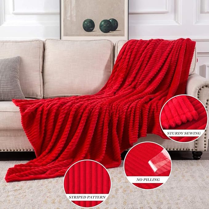 MIULEE Throw Blanket 3D Ribbed Jacquard Fleece Flannel Velvet Plush Decorative Bed Blankets (Throw, 50" x 70") - Super Soft, Lightweight, Warm and Cozy for Couch Sofa, Red