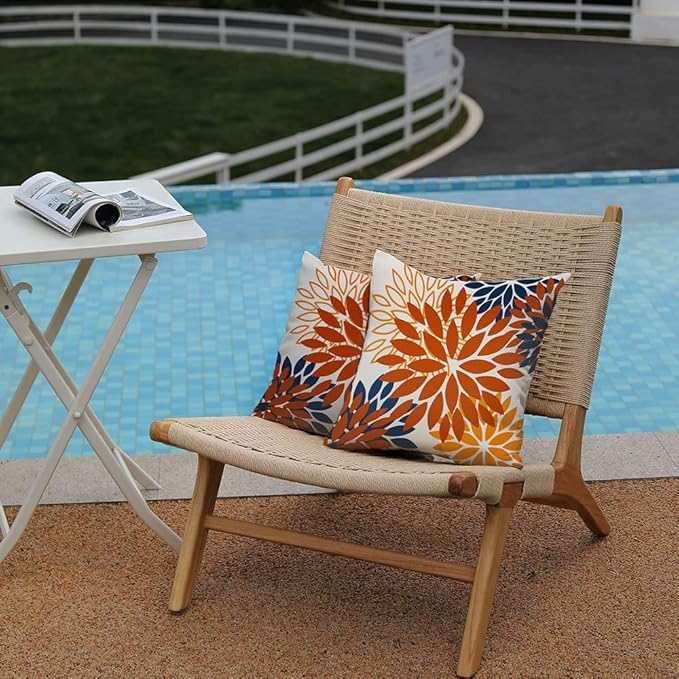 DFXSZ Orange Blue Flower Pillow Covers 18x18 Inch Set of 2 Fall Throw Pillows Outdoor Waterproof Decor for Living Room Sofa Patio Funiture Garden Floral Polyester Pillow Covers 012C18
