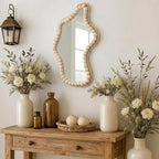 Boho Wall Decor Mirror 14"x9" Irregular Wall Mirror Small Farmhouse Rustic Decorative Wooden Bead Hanging Mirrors for Bedroom Living Room Vanity Entryway Over Sink Modern Home Decor