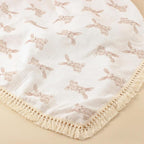 Little Jump Cotton Muslin Swaddle Blankets with Tassel, Boho Bohimia Muslin Baby Blanket Neutral with Fringe, Vintage Teddy Bear Nursery Decor Muslin Throw Blanket 47" x40" (Bunny)