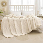 MIULEE Fleece Blanket King Size 90"x108" 300GSM Super Soft Lightweight Plush Striped, Cream White Warm Cozy Breathable Ribbed Blanket for Bed/Sofa/Couch