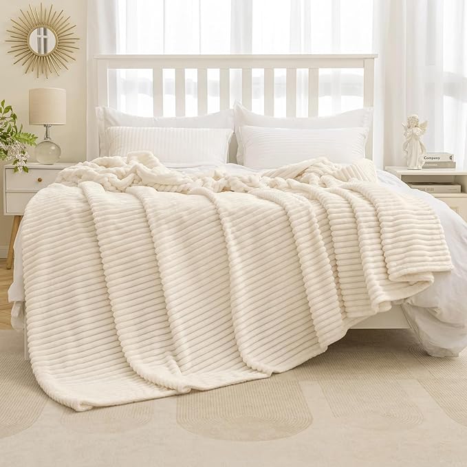 MIULEE Fleece Blanket Queen Size 90"x90" 300GSM Super Soft Lightweight Plush Striped Blanket, Cream White Warm Cozy Breathable Ribbed Full Size Throw for Bed/Sofa/Couch