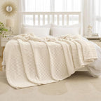 MIULEE Fleece Blanket Queen Size 90"x90" 300GSM Super Soft Lightweight Plush Striped Blanket, Cream White Warm Cozy Breathable Ribbed Full Size Throw for Bed/Sofa/Couch