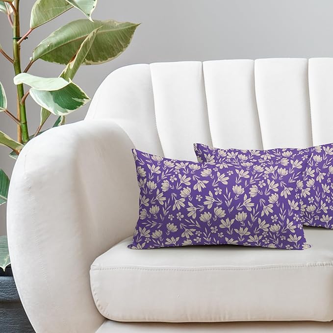Purple Pillow Covers 12x20 Set of 2 Vintage Floral Rustic Old Style Cute Flower Print Rectangle Decorative Outdoor Pillowcases Seasonal Farmhouse Throw Cushion Case Couch Sofa Bed Decor