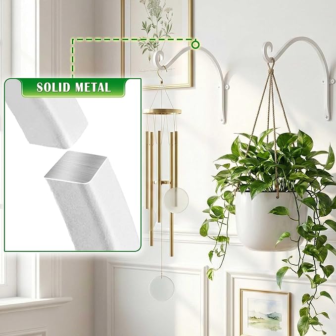Hanging Plant Brackets Outdoor: 50lbs Weight Capacity - Hanging Plant Hangers Wall Hooks 2 Packs, 12-Inch Wall Mount Brackets for Bird Feeder, Flower Baskets, White