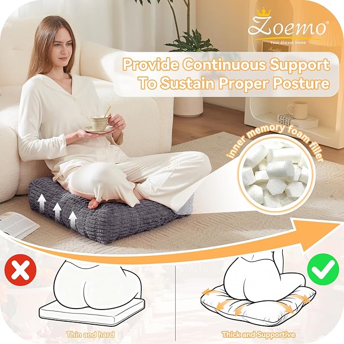 Floor Pillow Cushion for Adults, Meditation Cushion Pillow, Large Square Floor Sitting, for Tatami Living Room or Yoga, 22x22 Inch
