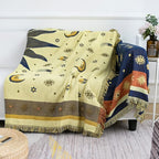 Hippie Throw Blanket Sun Moon Stars Boho Throw Blankets Celestial Tapestry Double-Sided Reversible Woven Cotton Home Decor Bedding Chair Couch Recliner Cover Oversized Tassels Astrology 50"x70"