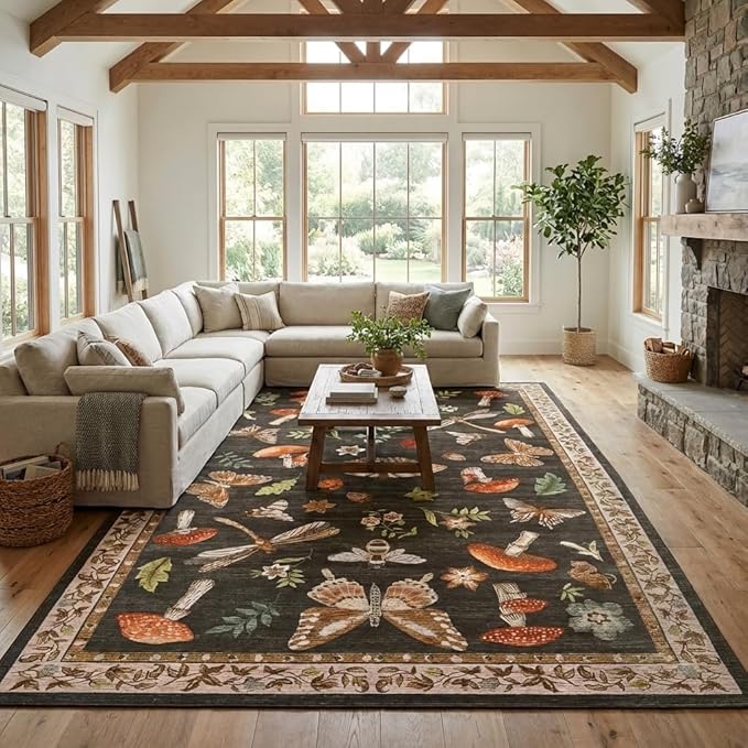 Mushroom Washable Rug 9x12 Area Rugs for Living Room, Insect Print Rug for Bedroom, Non Slip Throw Rugs with Rubber Back, Soft Low Pile Dining Room Under Table, Brown
