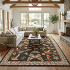 Mushroom Washable Rug 9x12 Area Rugs for Living Room, Insect Print Rug for Bedroom, Non Slip Throw Rugs with Rubber Back, Soft Low Pile Dining Room Under Table, Brown
