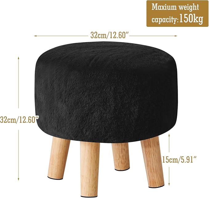 YMYNY Round Pouf Ottoman Small Foot Stool Faux Fur Foot Rest for Couch Modern Boho Footstools with Wood Legs for for Living Room Bedroom Office,12.6" D×12.6" W×12.6" H Black UHBD035B