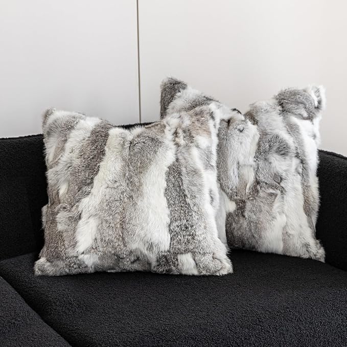 MOOX Rabbit Fur Throw Pillow Covers Decorative Fluffy Soft Fuzzy Plush Luxury Genuine Animal Skin Lumbar Pillow 18"x18" Cushion Cover, Couch-Grey White