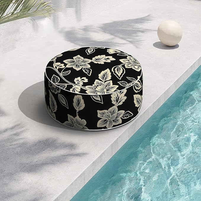 Indoor/Outdoor Inflatable Ottoman with Handle, Decorative Fade-Resistant Round Footstool D21 x H9 inch, Portable Ottoman Pouf for Patio Garden Camping, Elegant Vines Black