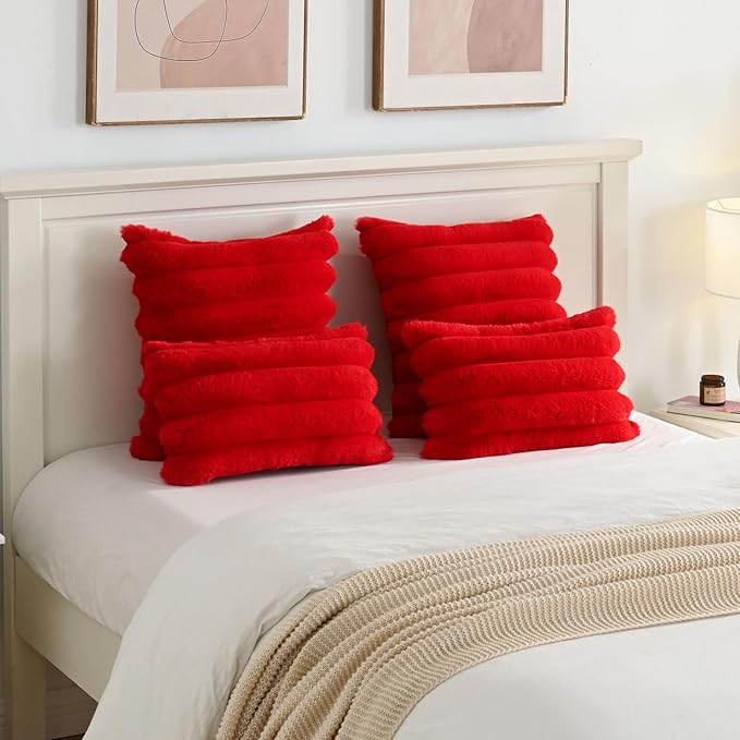 FUTEI Red Decorative Throw Pillow Covers 22x22 Inch Set of 2, Square Soft Faux Rabbit Fur Thick Striped Cushion Cover,Spring Home Decor for Couch Bed Living Room