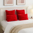 FUTEI Red Decorative Throw Pillow Covers 26x26 Inch Set of 2, Square Soft Faux Rabbit Fur Thick Striped Euro Pillow Shams,Spring Home Decor for Couch Bed Living Room