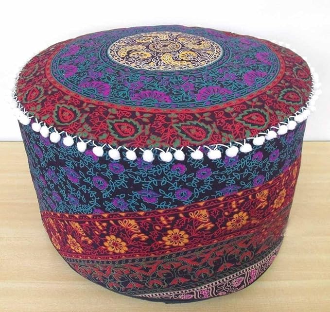 Indian Mandala Floor Pillow Pouf Cover Ottoman Cover Bohemian Footstool Living Room Decor Pillow Sham Hippie Cotton Cushion Cover Meditation Seating Throw
