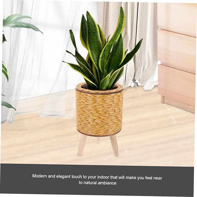 Large Wicker Basket Plant Stand Indoor Wooden Round Woven Planter Rattan Flower Pot Holder Flower Pot Shelf for Home Decor