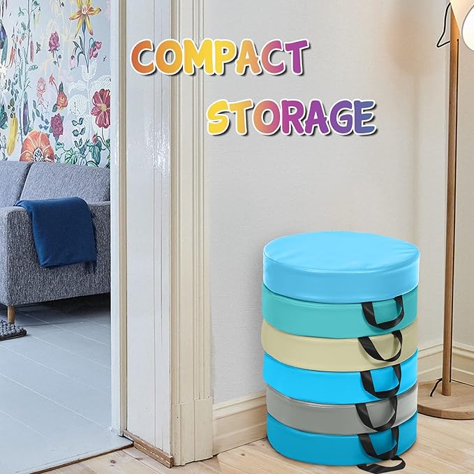Costzon 6-Piece 15 inch Kids Floor Cushion, 3" Thick Waterproof Daycare Preschool Round Foam Cushion with Handle for Toddlers, Soft Flexible Seating for Classroom, Home, Kindergarten or Nursery