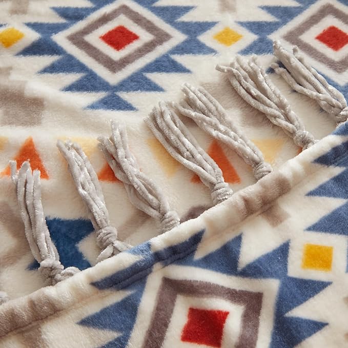 CASAAGUSTO Boho Throw Blanket - Colorful Decorative Blankets with Tassel, Printed Flannel Bohemian Blanket for Chair, Bed, Sofa, Couch(60 * 80, Colorful)