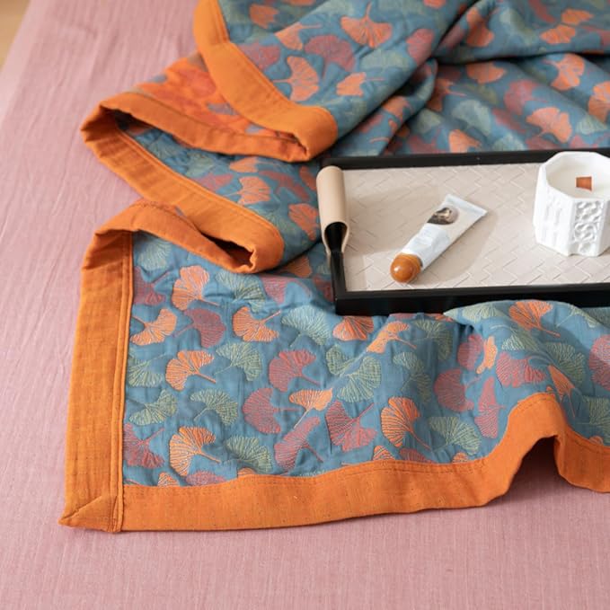 100% Cotton Muslin Blanket Jacquard Floral Ginkgo Leaves Quilt, Soft Bed Cover 3 Layers Reversible Bedspread Coverlet Breathable Lightweight Bedding Full/Queen(78"x94"), No Pillow Sham