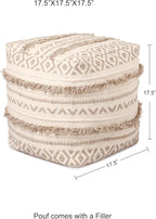REDEARTH · Tufted Pouf Ottoman with Filler Textured Storage Cube Bean Bag Pouffe Footrest for Living Room, Bedroom, Nursery, Kidsroom; 100% Cotton (17.5"X17.5"X17.5", Geometric Craft Taupe)