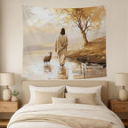 bitCNY Jesus and Sheep Tapestry 60x50 Inches – Autumn Christian Wall Art, Religious Home Decor, Pastoral Faith Tapestry for Living Room Bedroom