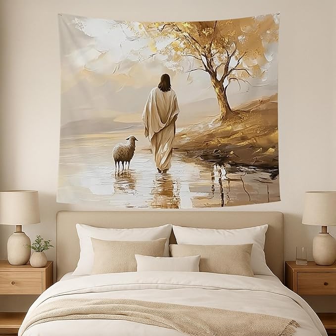 bitCNY Jesus and Sheep Tapestry 60x50 Inches – Autumn Christian Wall Art, Religious Home Decor, Pastoral Faith Tapestry for Living Room Bedroom