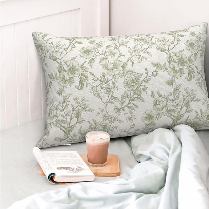 Sage Green Pillow Covers 12x20 Set of 2 Light Green Floral Chinoiserie Throw Pillows Rustic Toile Flower Decorative Pillow Cases Outdoor Chinoiserie Decor Lumbar Cushion Case for Couch Sofa