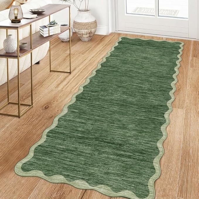 GarveeHome Scalloped Washable Runner Rug 2x6 Runner Abstract Modern Green Kitchen Runner Rug Non Slip Farmhouse Entryway Rug Soft Bathroom Rugs Stain Resistant Carpet for Laundry Bedroom 2'x6'