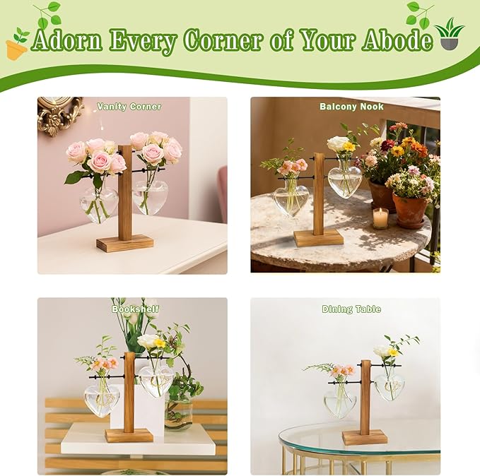 XXXFLOWER Plant Terrarium Wooden Stand, Hydroponic Planter Bulb Glass Metal Swivel Holder Retro Air Plants Water Plants for Home Office Decoration,Gifts for Plant Lover Wife Mom- 2 Love Bulb Vase