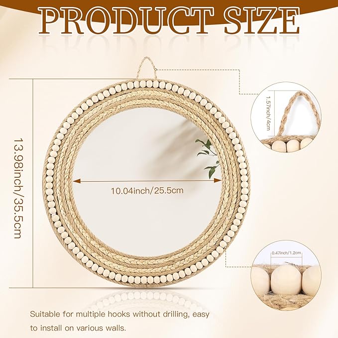 Boho Wall Mounted Mirror, Handmade Corn Beard and Hemp Rope Woven Wooden Beads Decorative Mirror, Round Mirror for Wall Decoration (Natural)
