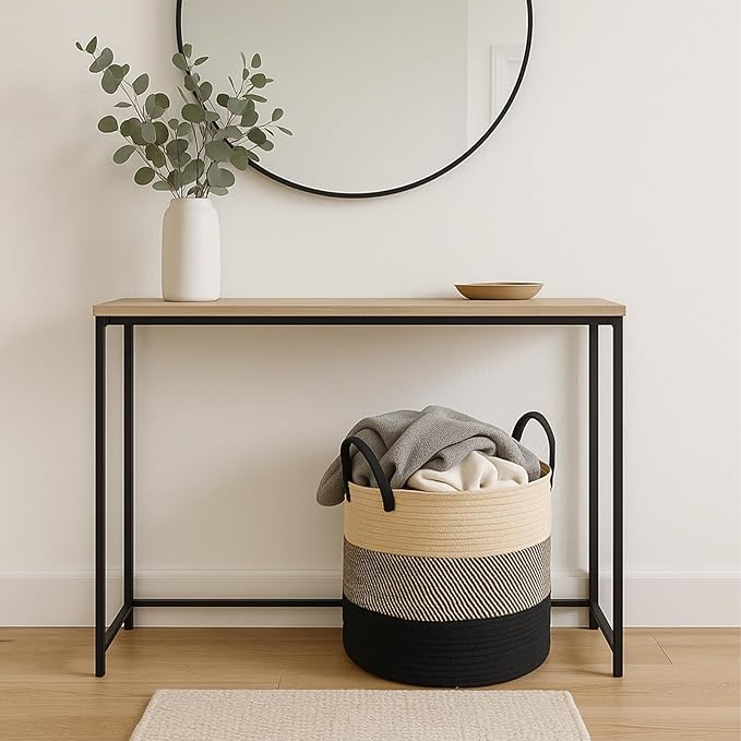 ShellKingdom Laundry Basket, Large Natural Rope Woven Storage Basket with Handles for Home, Living Room, Laundry, Storage Organizer for Blankets, Clothes, Toys, 19.7 x 14.9 INCH (3-Toned Khaki Black)