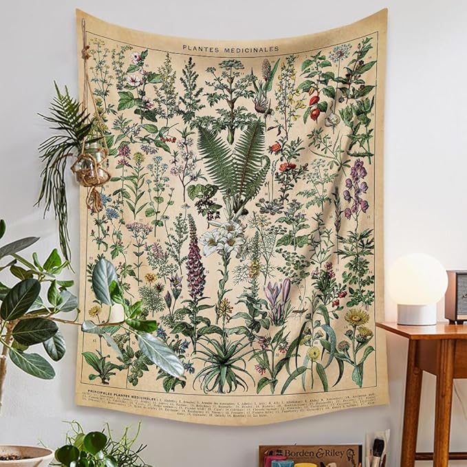 Vintage Flowers Tapestry 48”x36”, Long Vertical Wall Hanging Reference Illustrative Botanical Tapestries for Bedroom Aesthetic Floral Tapistry Botanical Plants Tapestry Wall Hanging Cute Bedroom Decor