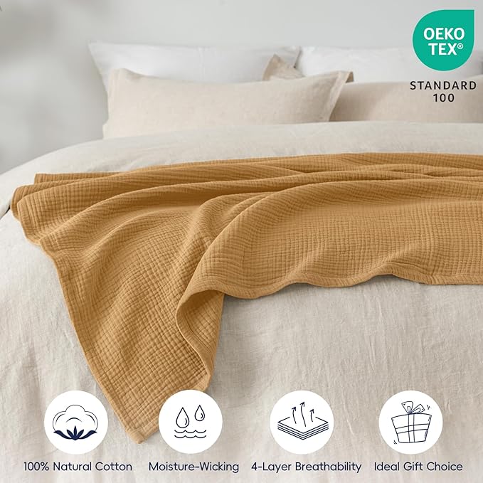 PHF 100% Cotton Muslin Throw Blanket 50" x 60", 4-Layer Lightweight Gauze Throw, Breathable Cloud-Soft Minimalist Blanket for Bed, Couch, Camping & Baby, Amber, Ideal Gift