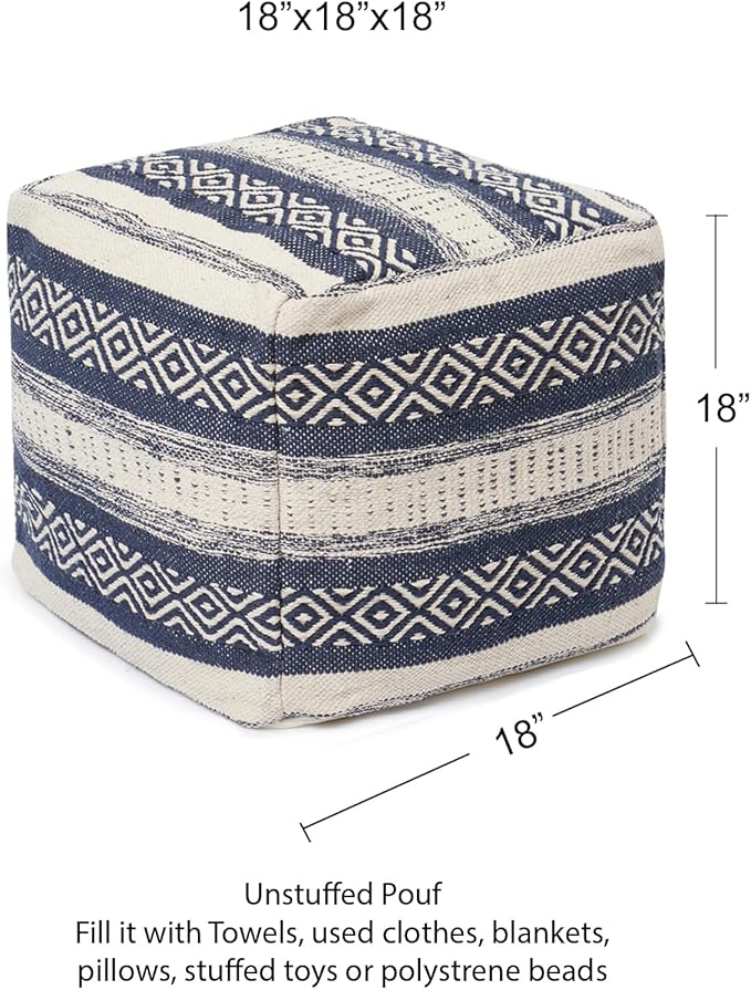 REDEARTH · UNSTUFFED Pouf Ottoman Cover Textured Cube Bean Bag Poof Pouffe Footrest for Living Room, Bedroom, Patio, Gym; 100% Cotton (18"X18"X18", Indigo Impressions)