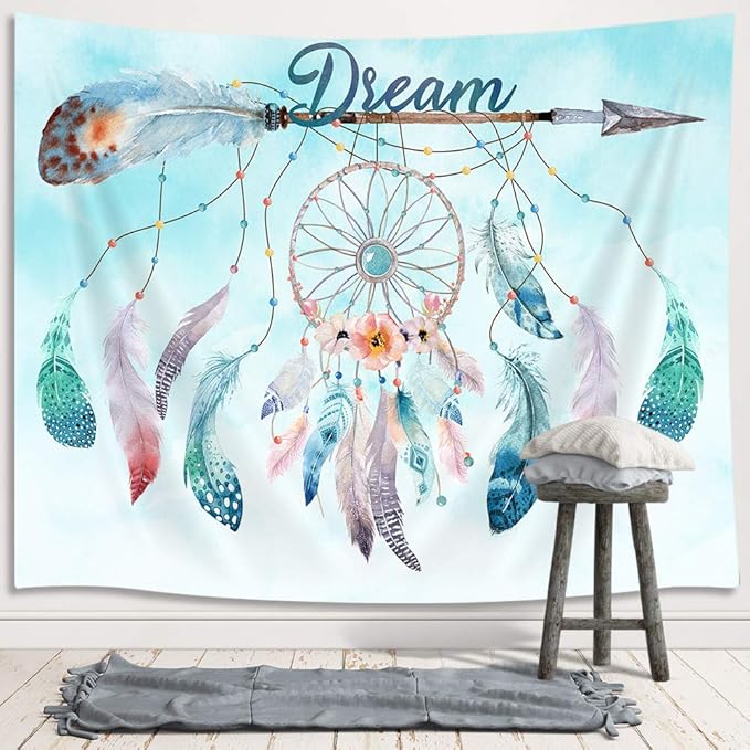 Dream Catcher Feather Large Tapestry, Native American Arrow Dreamcatcher Tapestry Wall Hanging for Teen Girl Bedroom, Blue Teal Bohemian Tapestries Living Room College Dorm Home Decor (90W X 70H)