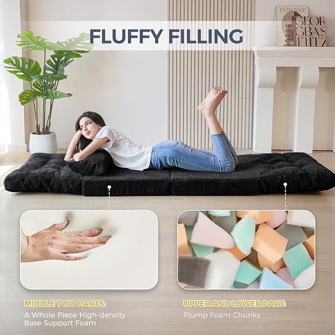 MAXYOYO Folding Sofa Bed, Tufted Bean Bag Bed with Pillows Floor Mattress for Adults, Extra Thick and Long Floor Sofa, Single Couch for Bedroom Living Room, Black, 30x91 Inch