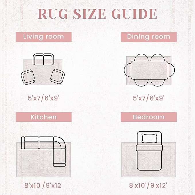 5x7 Area Rugs for Living Room: Washable Vintage Floral Rug Low Pile Non-Slip Boho Carpet for Nursery Bedroom Dining Room (Pink, 5'x7')