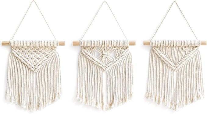 Mkono Boho Wall Decor Mini Macrame Wall Hanging Art 3 Pack Cute Christmas Tree Decoration for Living Room Bedroom Bathroom Teen Girls Room Dorm Home Office Gift Idea, 8''W x 9''H, Small