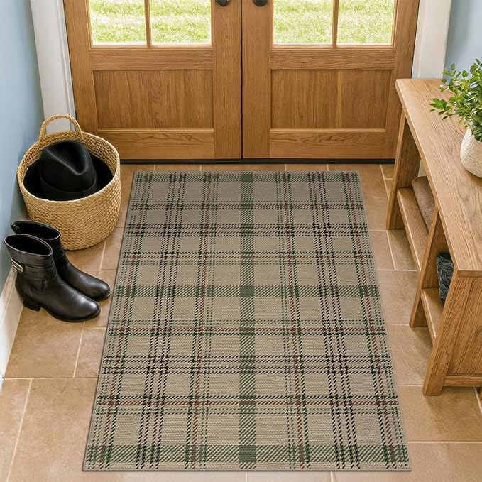 3x4 Washable Rug Indoor Door Mat - Large Entryway Rug, Non Slip Farmhouse Decor for Kitchen Floor, Non Shedding Easy Jute Beige & Sage Decor