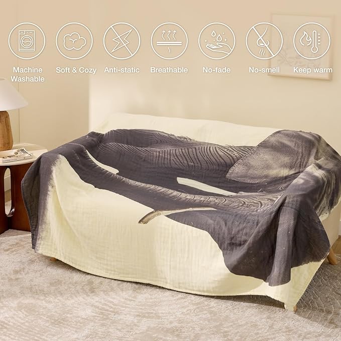 100% Cotton Boho Throw Blanket for Home Decor – Classic Farmhouse Quilt Bedding, Muslin Blankets for Adults, Vintage Woven Decorative Blanket for Couch, Bed Layering Use, Elephant Printed, 50"x60"