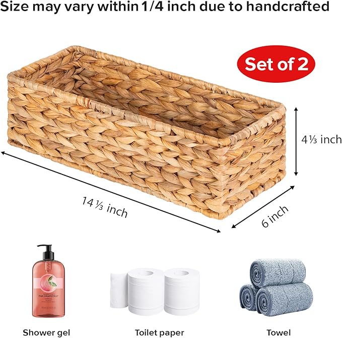 Small Wicker Baskets 2 Pack, Hand Woven Toilet Basket Tank Topper, Toilet Tank Basket for Bathroom Organizing, Water Hyacinth Storage Baskets for Toilet Paper (14.4"Lx6.1"Wx4.4"H)