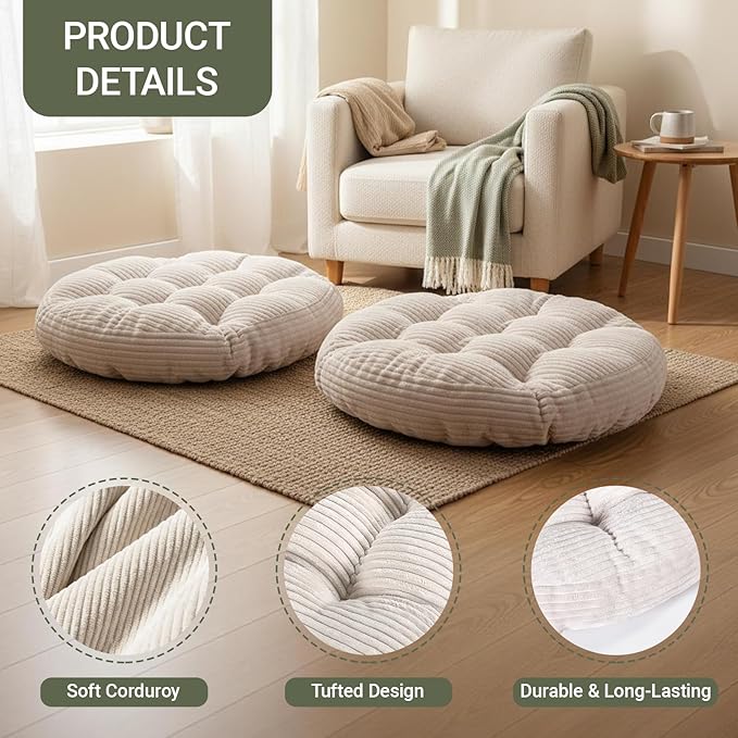 Large Floor Pillow for Adults, 22x22" Memory Foam Floor Cushion with Corduroy Cover, Round Floor Sitting Cushions for Meditation, Lounge,Seating for Yoga, Tatami Living Room (2, Round-Beige)
